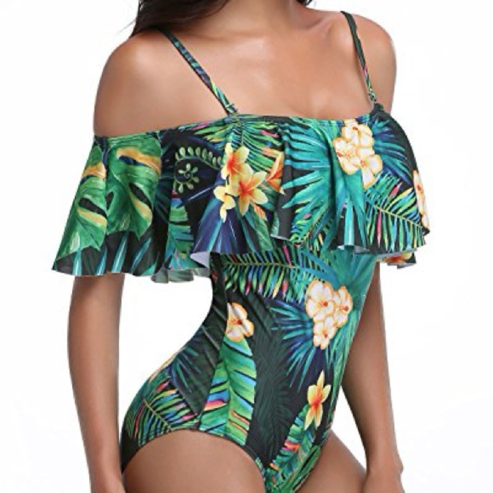 NWT Holipick Off the Shoulder Tropical Floral One-Piece Swimsuit - Picture 2 of 16